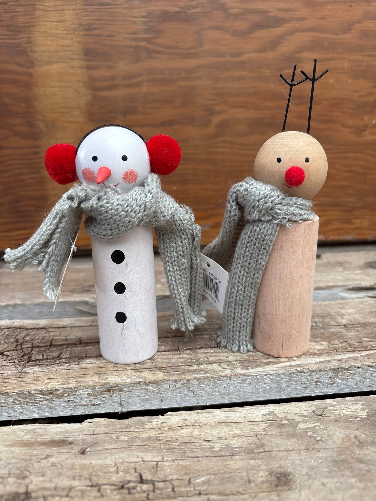 Wooden Snowman and Reindeer Figurines