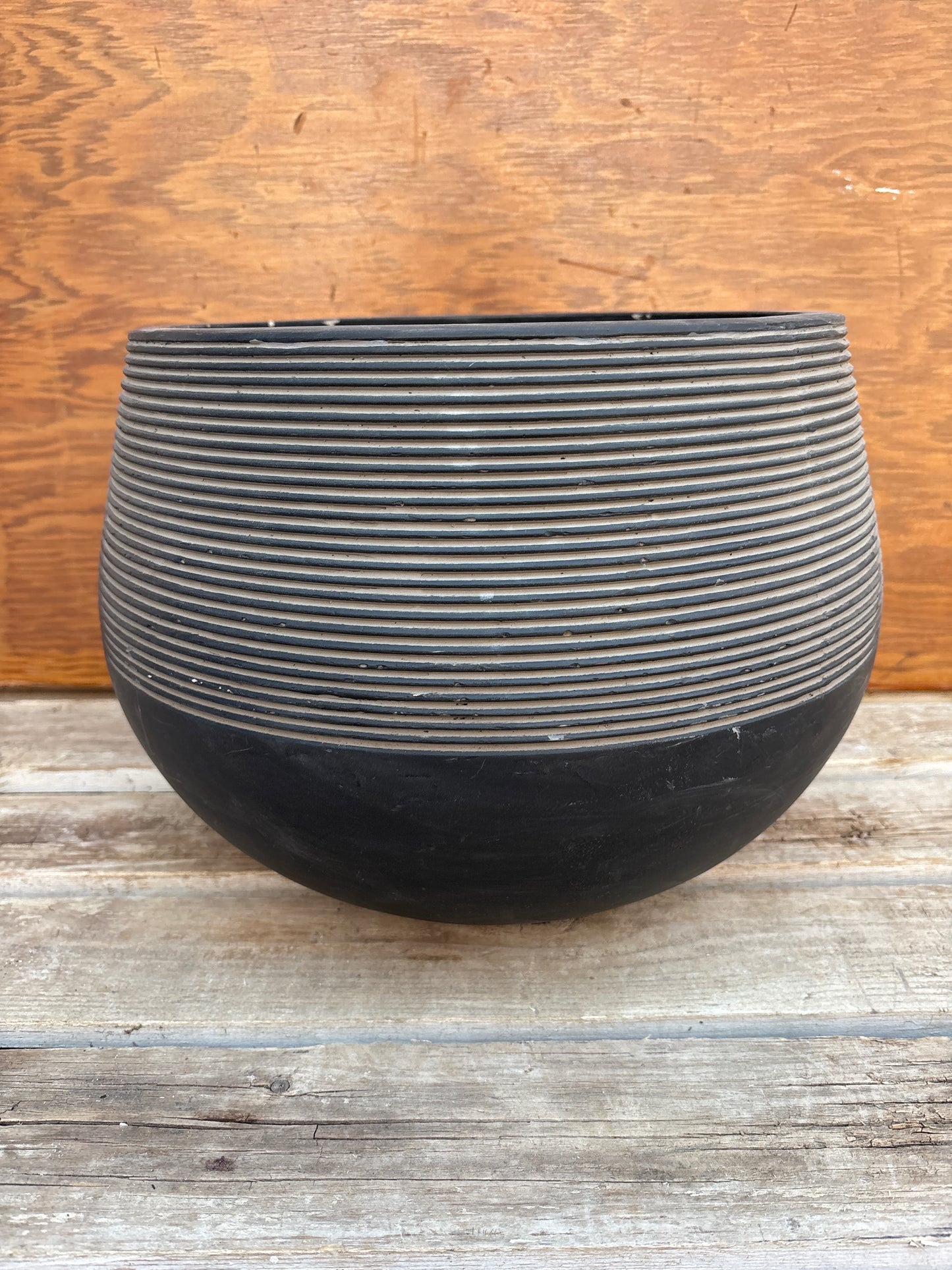 Round Black Pot with Stripes