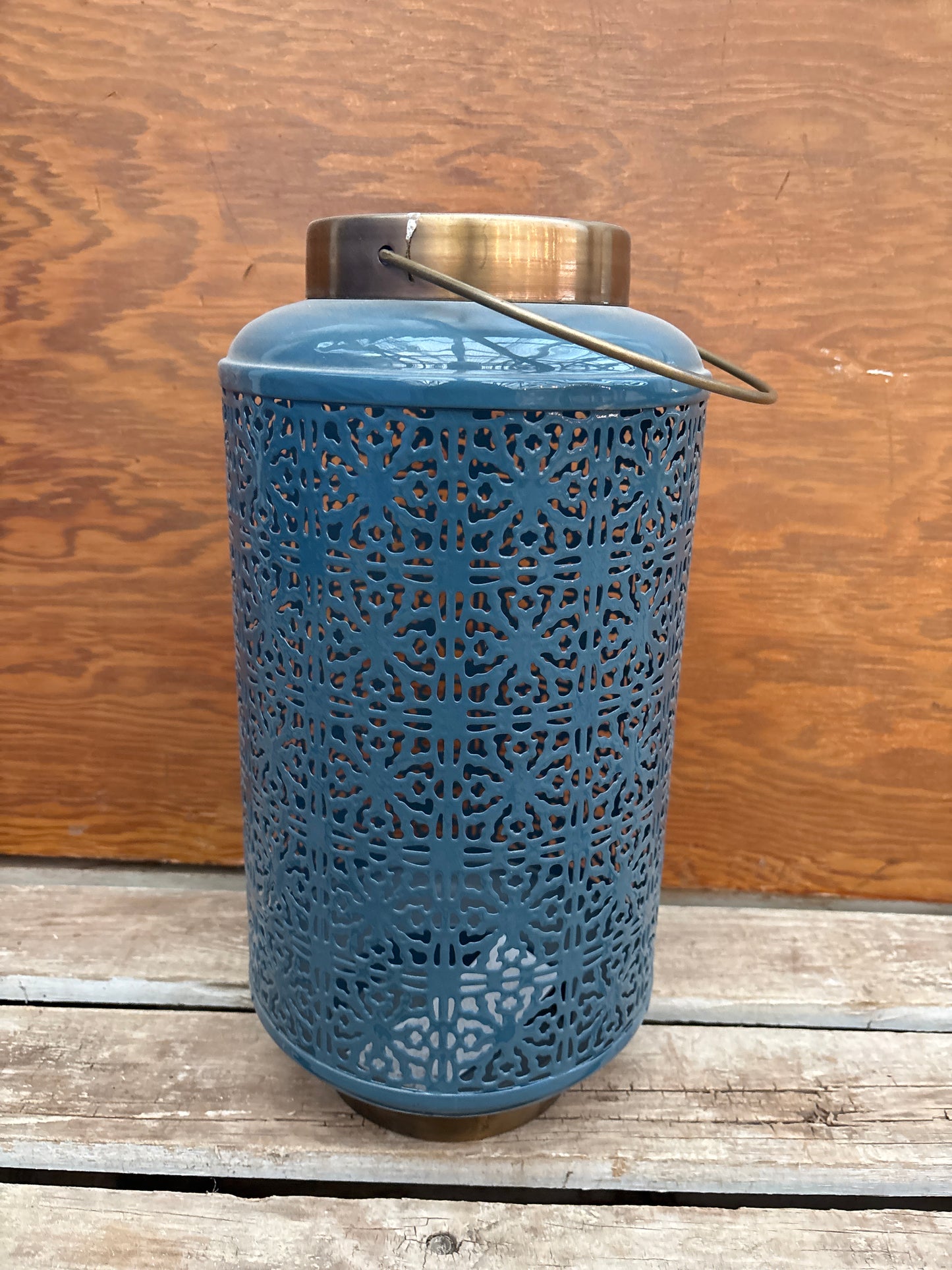 Elsie blue enamel metal cutout lantern