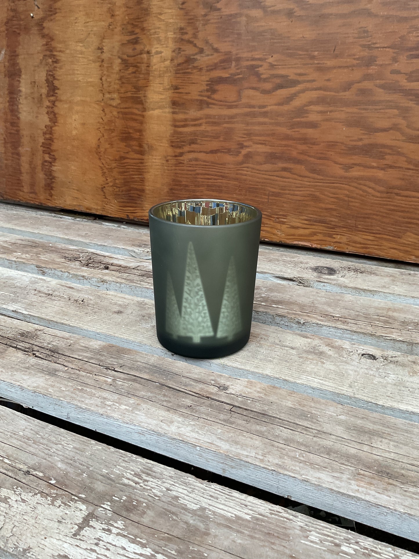 Green Mod Tree Gold Mirror Glass Hurricane Vase