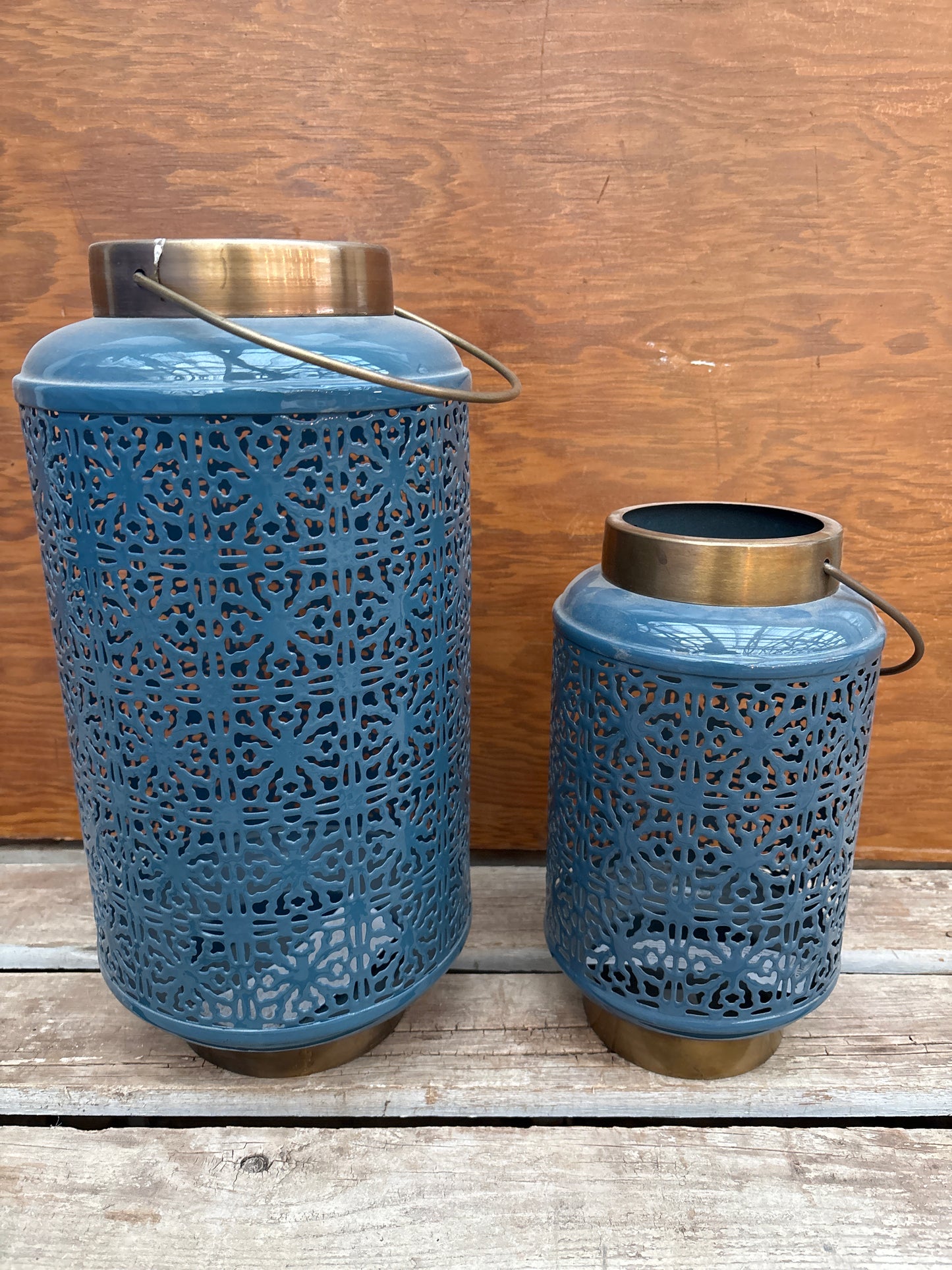 Elsie blue enamel metal cutout lantern