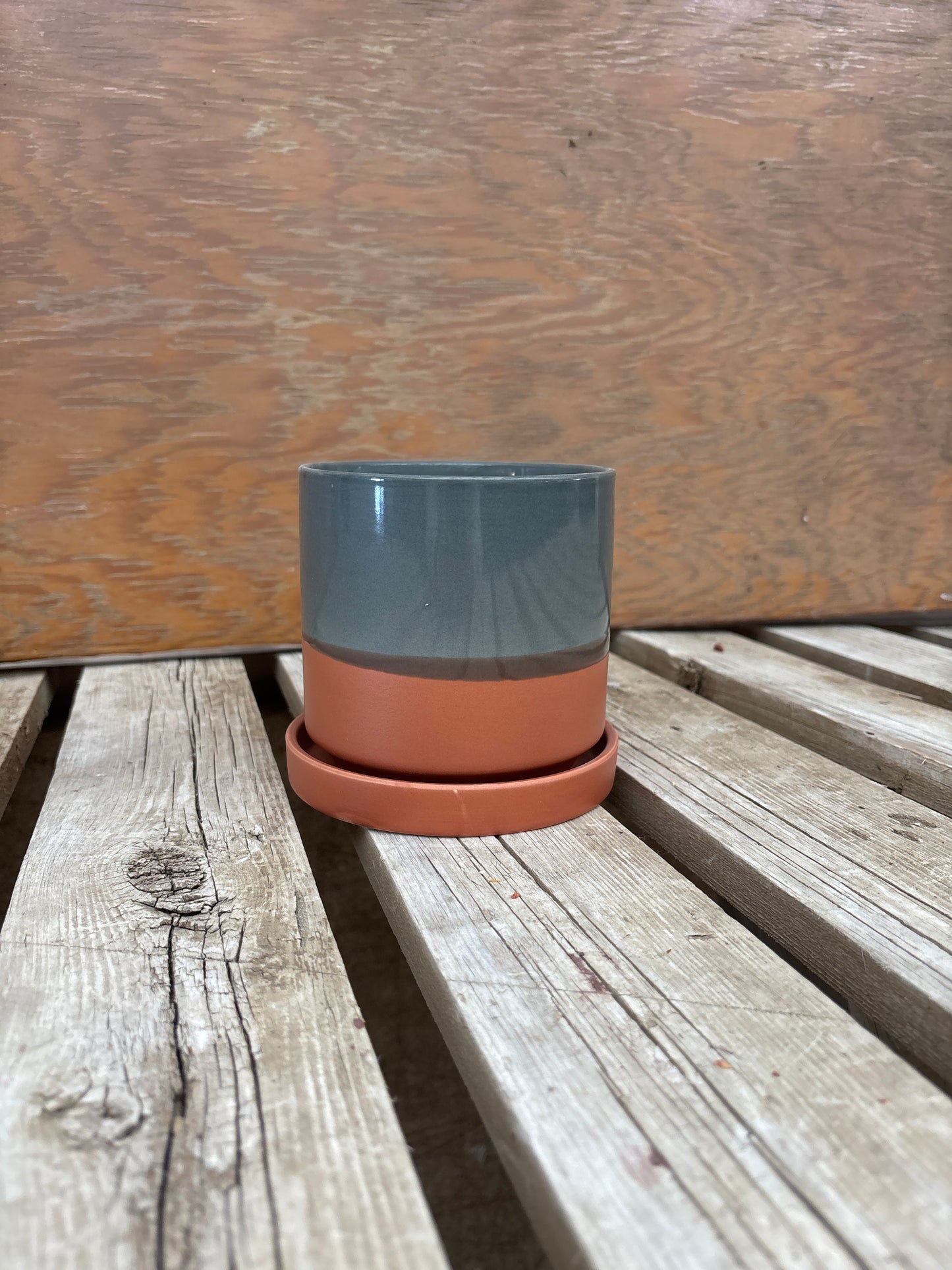 4.5” Gray and Terra-Cotta Pot with Saucer